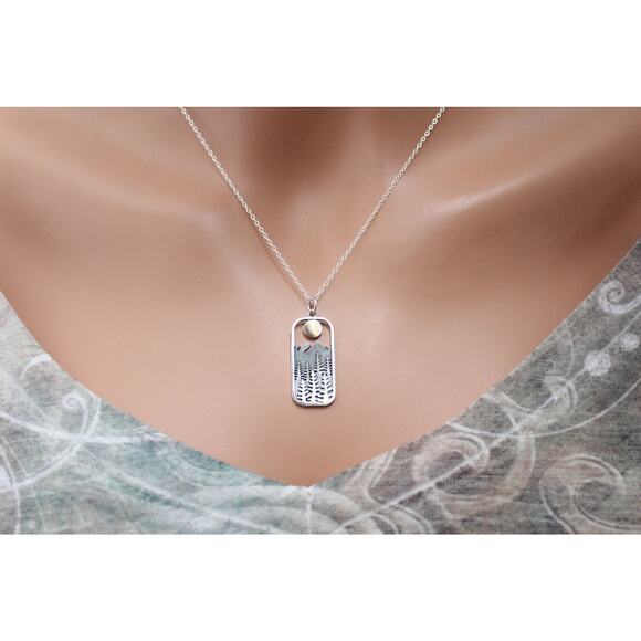 Sterling Silver Rectangle Pine Tree with Bronze Sun Necklace - Picture 3 of 8